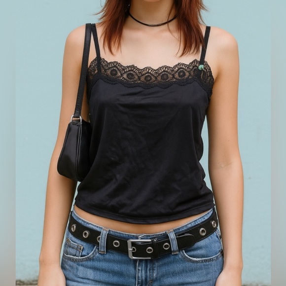 Vintage Tops - Y2K Vintage Sliperfection Womens Black Lace Trim Cami Tank Top sz M 90s Dainty
